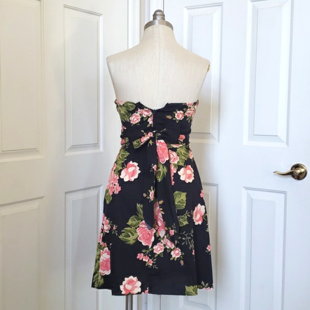 Vintage 90's Strapless Black Coral Pink Floral Dress Romantic Cottagecore | XS - Picture 4 of 12